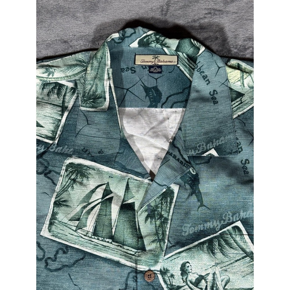 Tommy Bahama Shirt Mens 2XL Blue Silk Hawaiian Sailing Map Graphic Camp Aloha - Picture 2 of 9